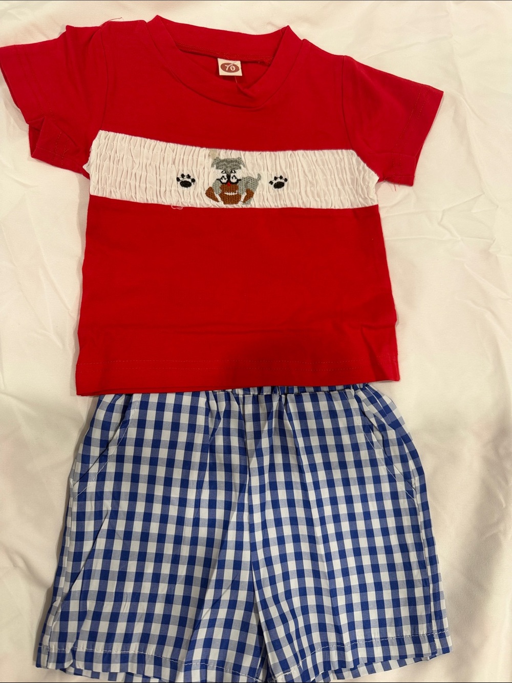 PatPat Red Smocked Puppy Pajama Set with Blue Gingham Shorts